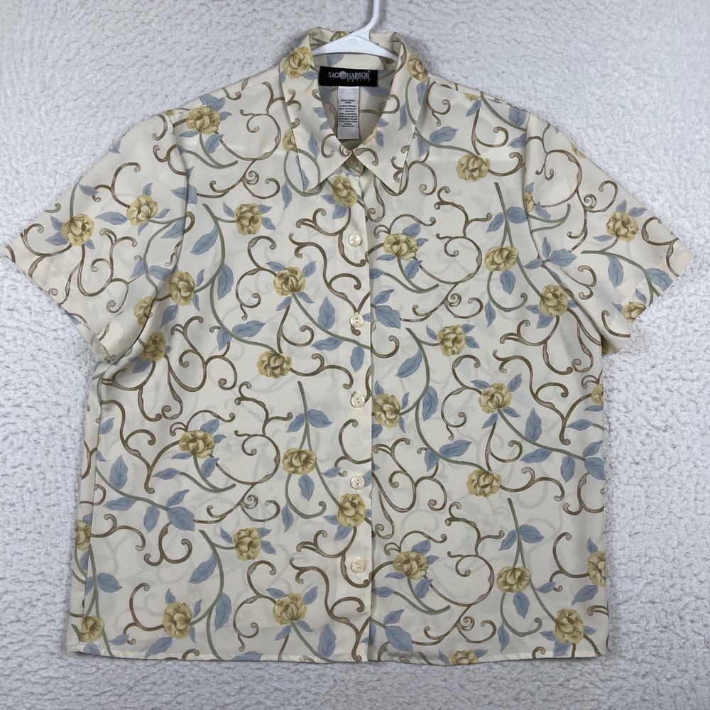 Sag Harbor Petite Button Front Blouse Women Large Cream Floral Vine Short Sleeve